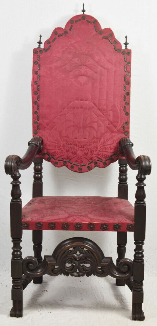 Antique William & Mary Mahogany Chair w. Spanish Feet Ornate Carvings Damask