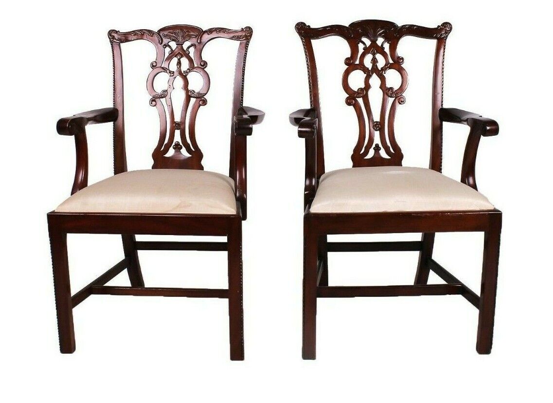 Pair Maitland Smith Mahogany Chippendale Dining Room Arm Chairs