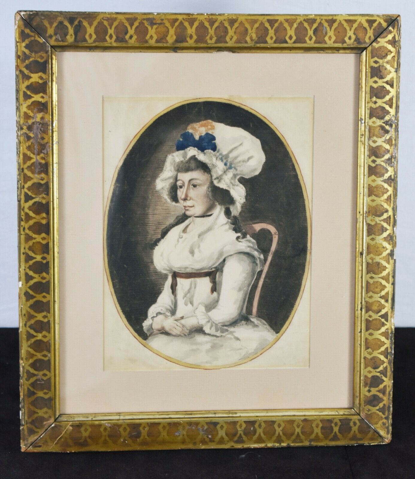 Pair of 18th Century Husband and Wife Watercolor Portraits in Gold Frame