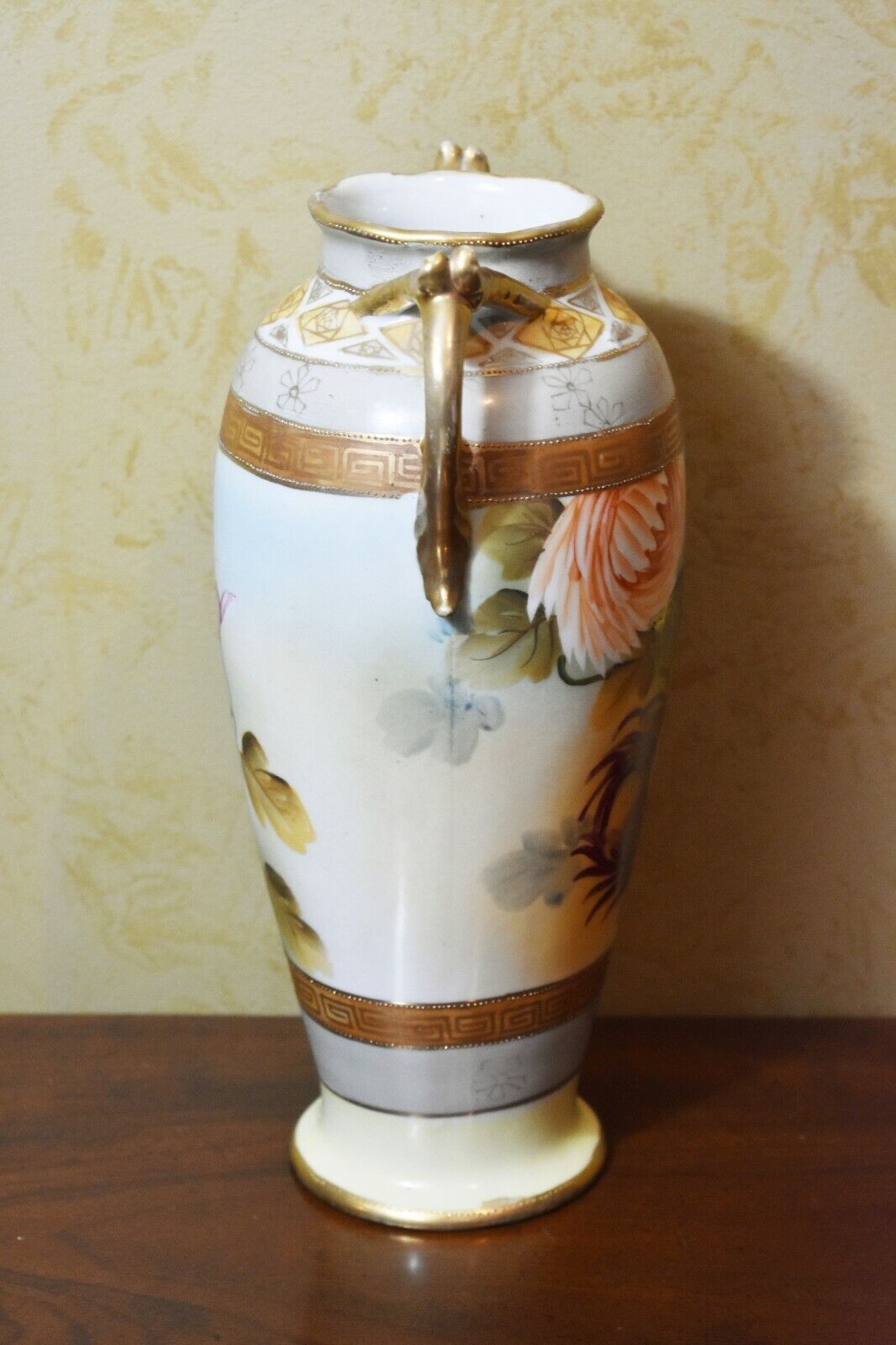 Grecian Porcelain Hand Painted Handled Vase with Gold Gilt and Florals 11" Tall