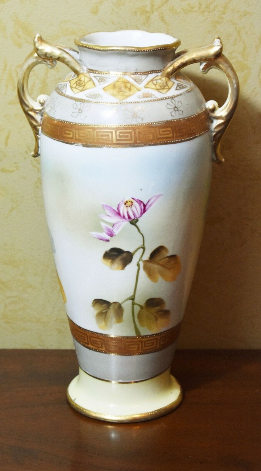 Grecian Porcelain Hand Painted Handled Vase with Gold Gilt and Florals 11" Tall