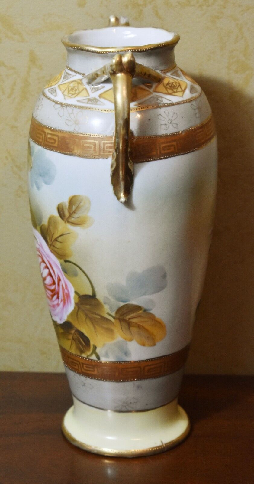 Grecian Porcelain Hand Painted Handled Vase with Gold Gilt and Florals 11" Tall