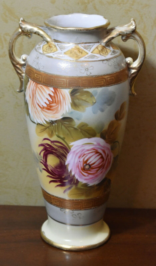 Grecian Porcelain Hand Painted Handled Vase with Gold Gilt and Florals 11" Tall