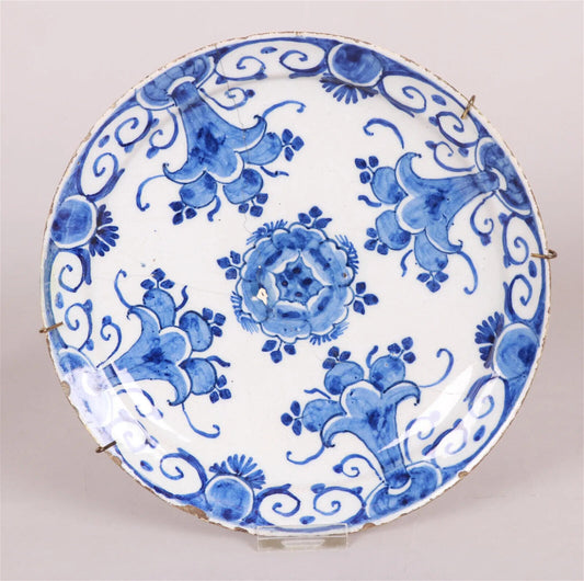 Antique 18th Century Dutch Delft Floral Plate Blue and White