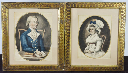 Pair of 18th Century Husband and Wife Watercolor Portraits in Gold Frame