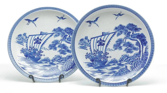 Matching Pair of Antique Chinese Asian Blue and White 14” Dia. Deep Charger