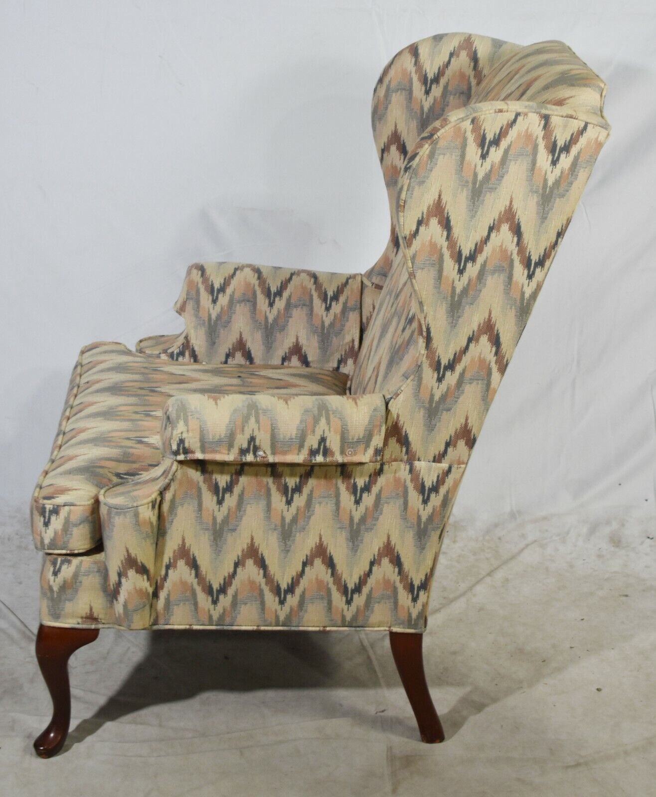 Pair of Designer Gray & Blue Flame Stitch Upholstered Mahogany Wing Chairs