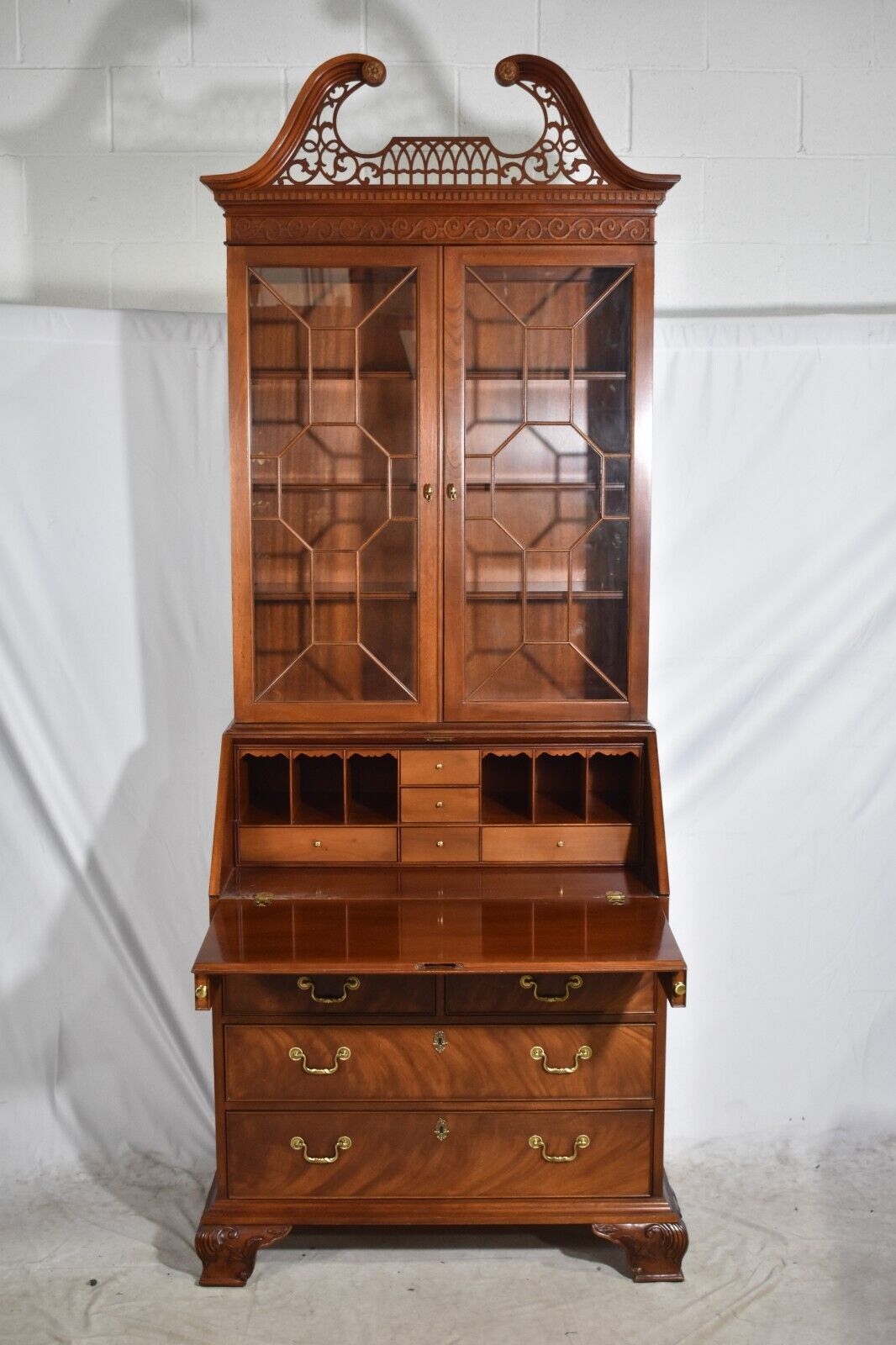 BAKER Chippendale Carved Flamed Mahogany Secretary Desk with Bookcase