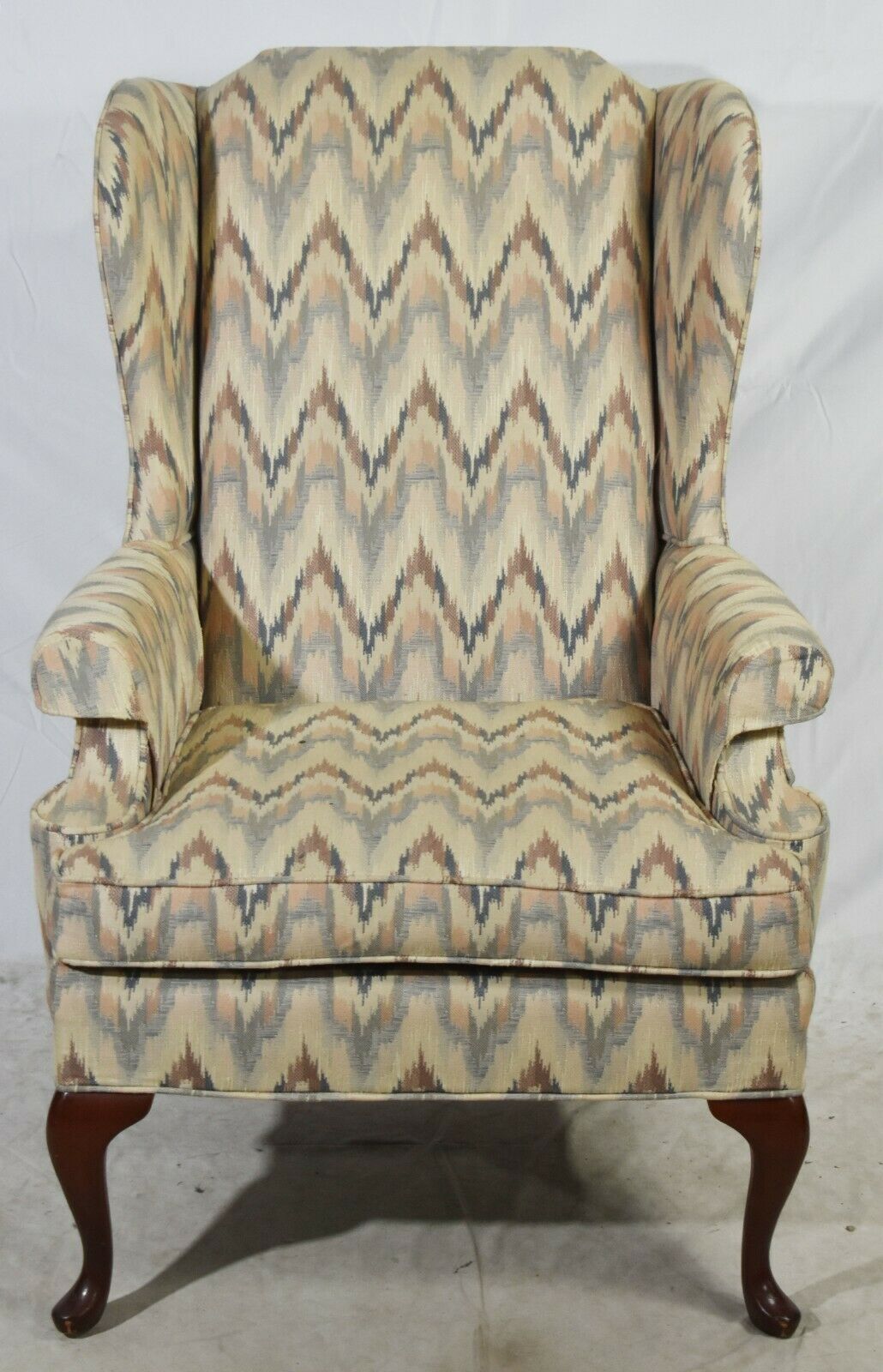 Pair of Designer Gray & Blue Flame Stitch Upholstered Mahogany Wing Chairs