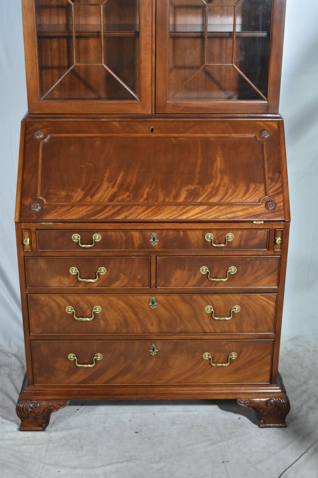 BAKER Chippendale Carved Flamed Mahogany Secretary Desk with Bookcase