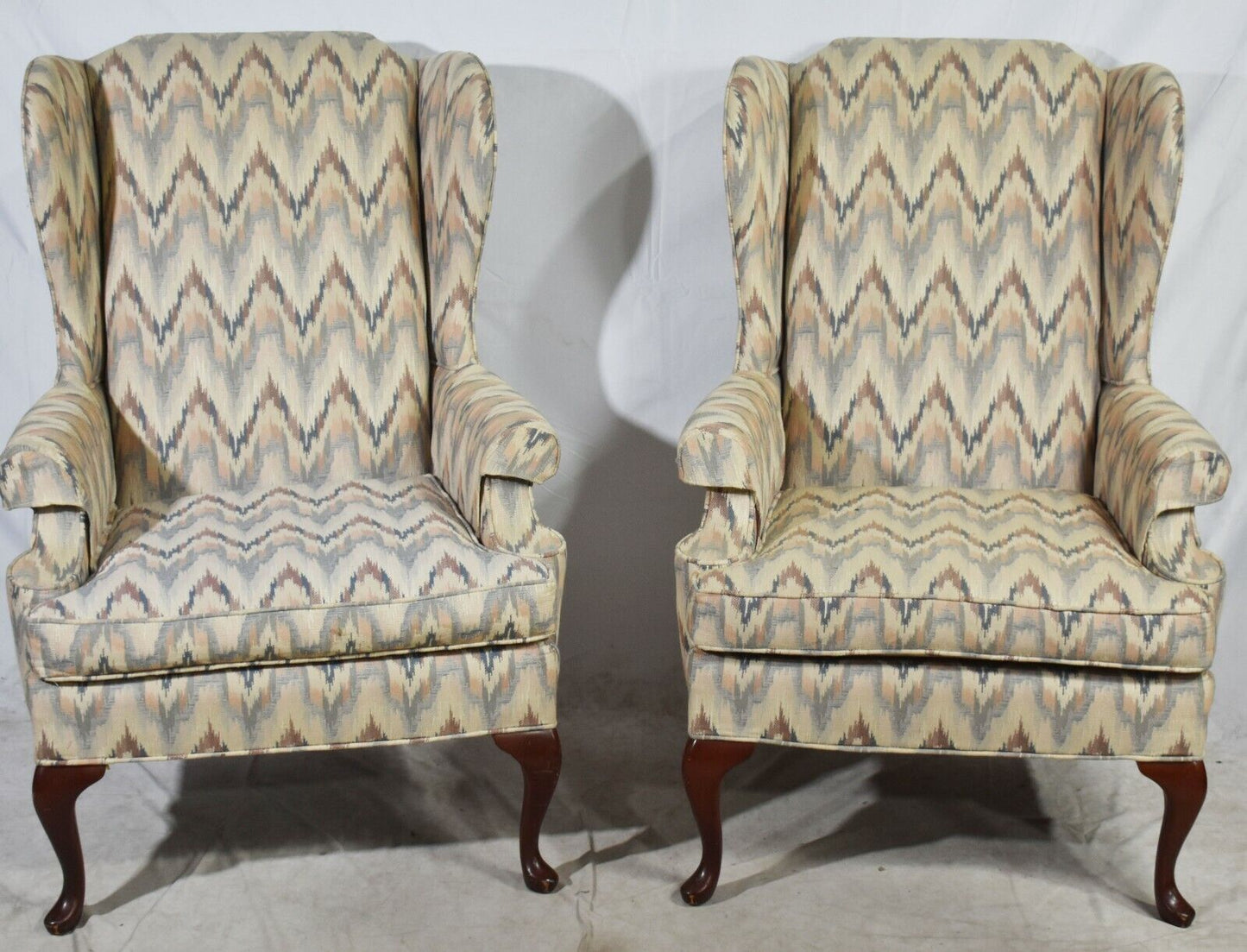 Pair of Designer Gray & Blue Flame Stitch Upholstered Mahogany Wing Chairs