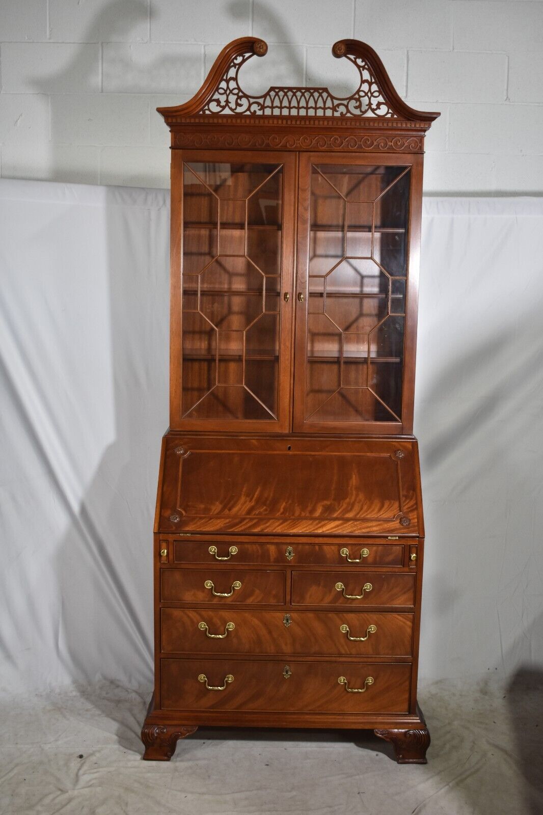 BAKER Chippendale Carved Flamed Mahogany Secretary Desk with Bookcase