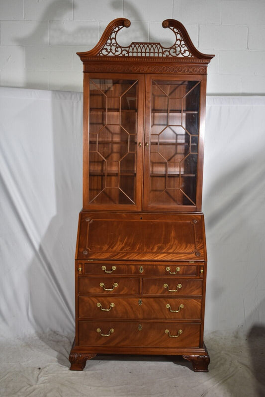 BAKER Chippendale Carved Flamed Mahogany Secretary Desk with Bookcase