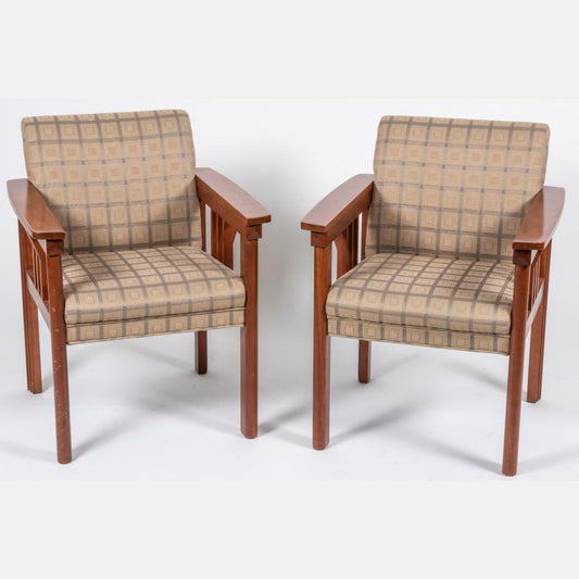 Pair of Art & Craft Mission Style Mahogany Arm Chairs Upholstered in Grey Fabric