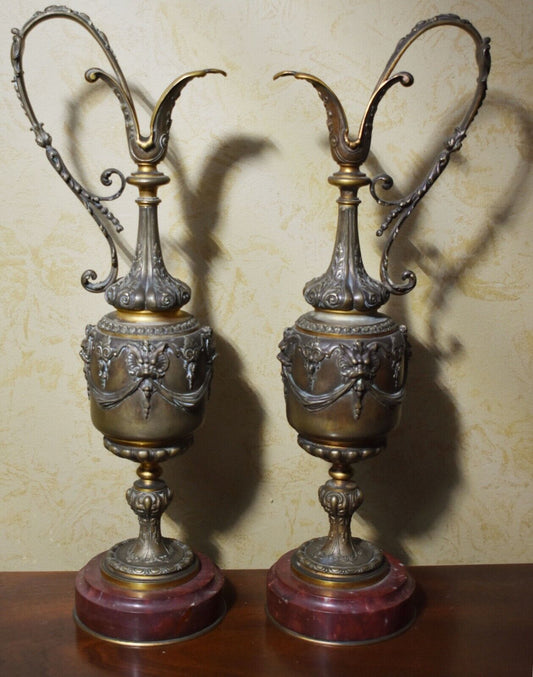 Pair of Neo-Classical Style Ewers Bronze & Marble