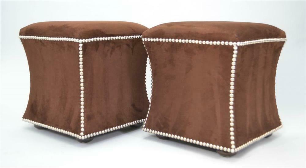 Pair of Owners Select Custom Suede Upholstered Ottomans Footstools Tack Buttons