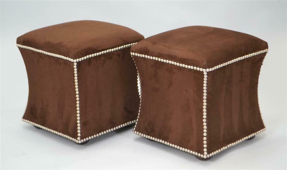 Pair of Owners Select Custom Suede Upholstered Ottomans Footstools Tack Buttons