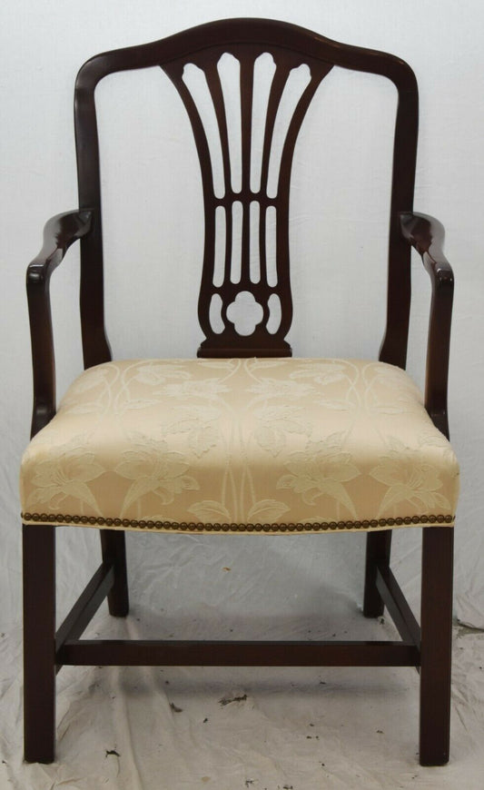 HANCOCK & MOORE Chippendale Style Mahogany Arm Chair Nailhead Trim Silk Damask