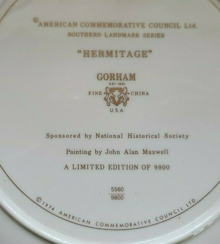 Gorham Bicentennial Collector Plate "Hermitage" Southern Landmark Series