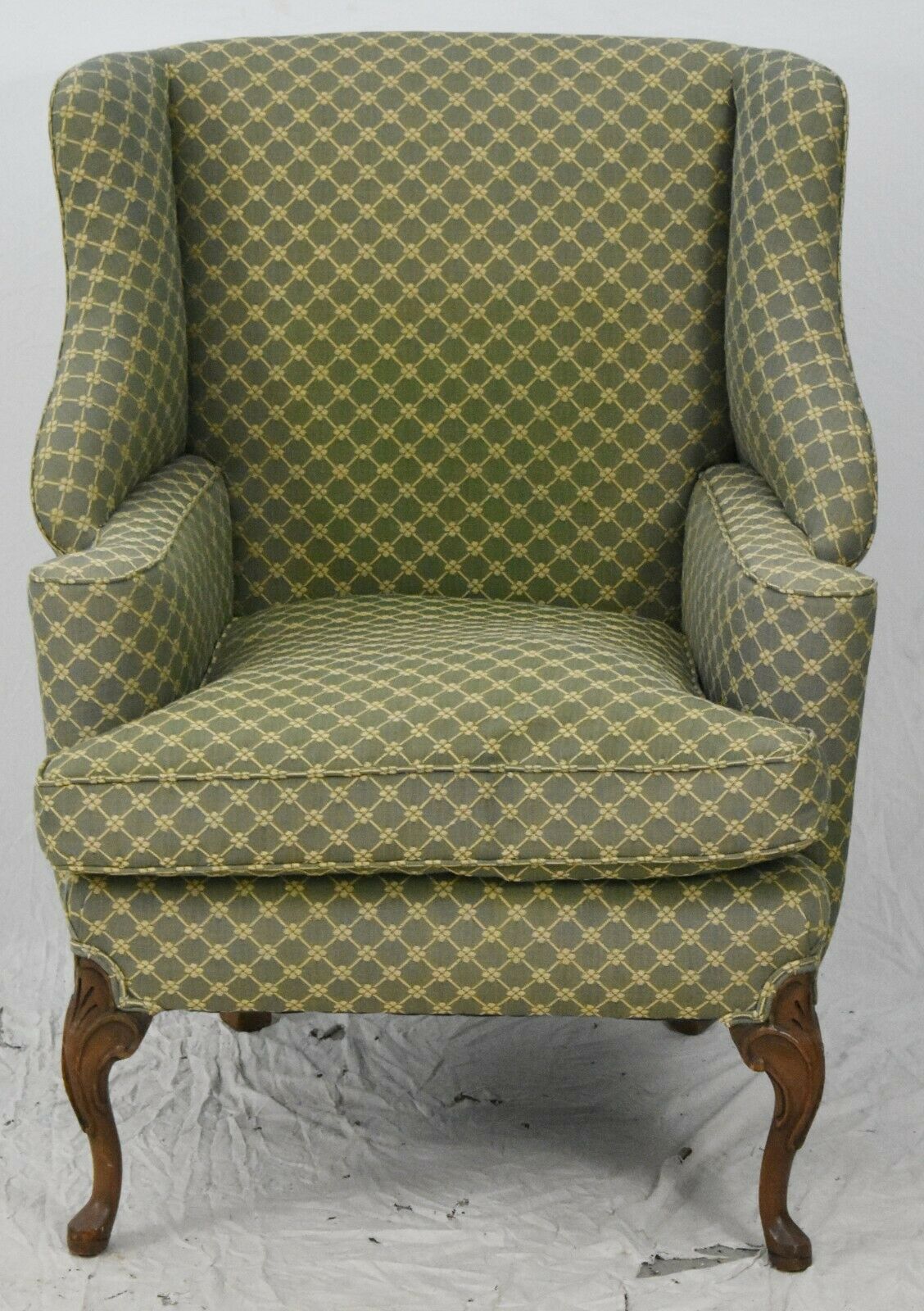 Chippendale Style Mahogany Wing Chair Carved Legs Diamond Pattern Fabric