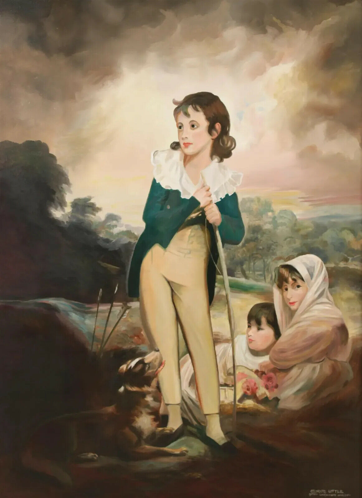 Boy Archer with Dog and Siblings by George Little Oil on Canvas Gilt Framed