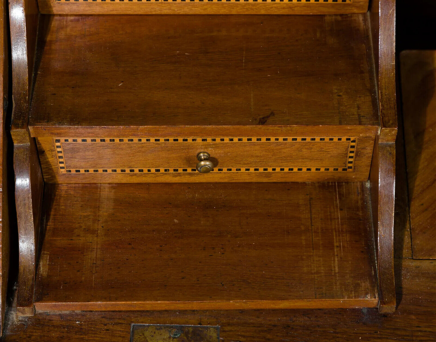 Antique English Marquetry, Slant Front Desk with Brass Ormolu Tooled Leather