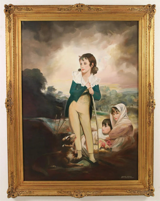 Boy Archer with Dog and Siblings by George Little Oil on Canvas Gilt Framed