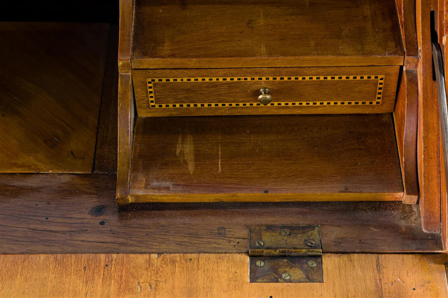 Antique English Marquetry, Slant Front Desk with Brass Ormolu Tooled Leather