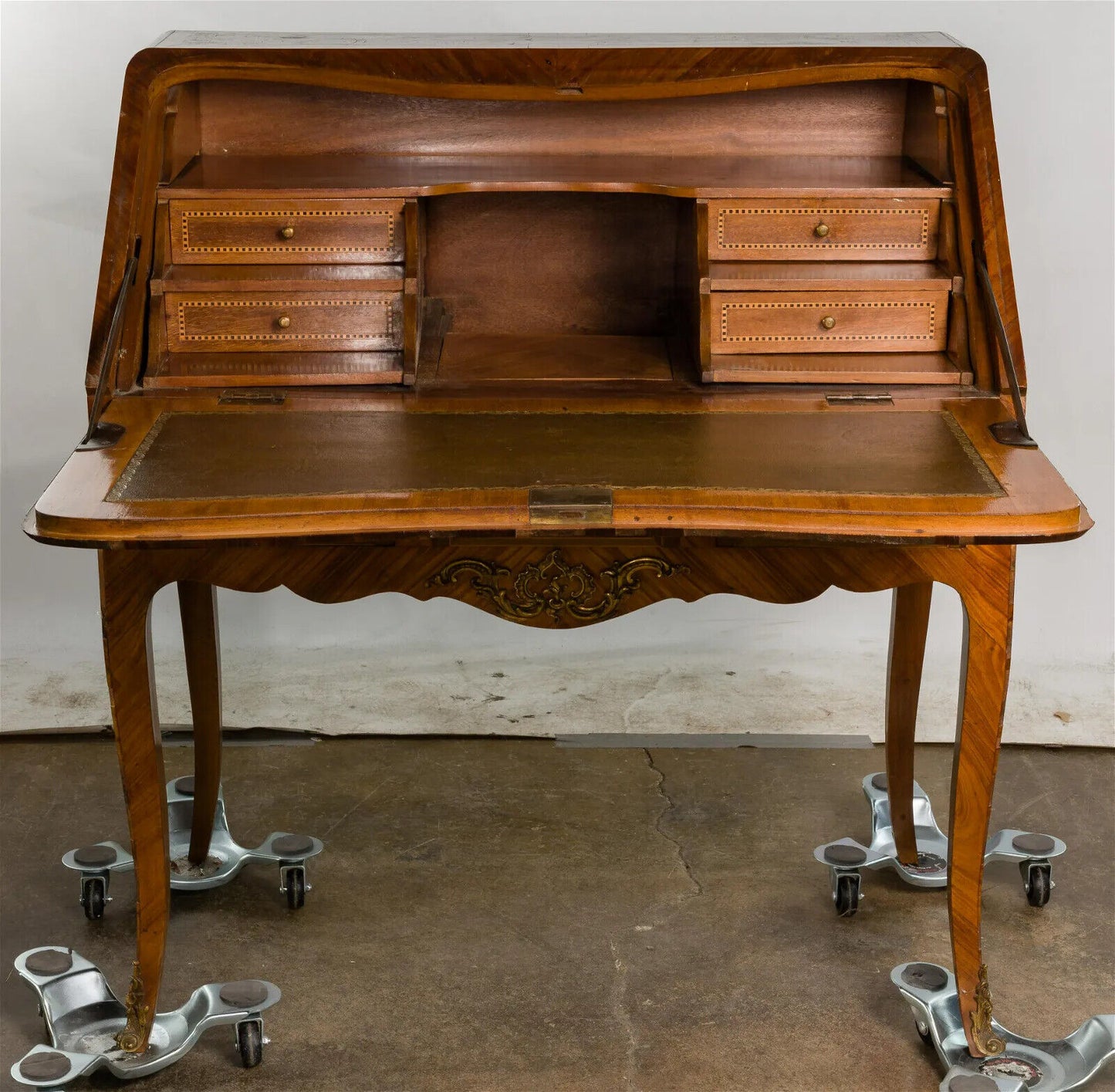 Antique English Marquetry, Slant Front Desk with Brass Ormolu Tooled Leather