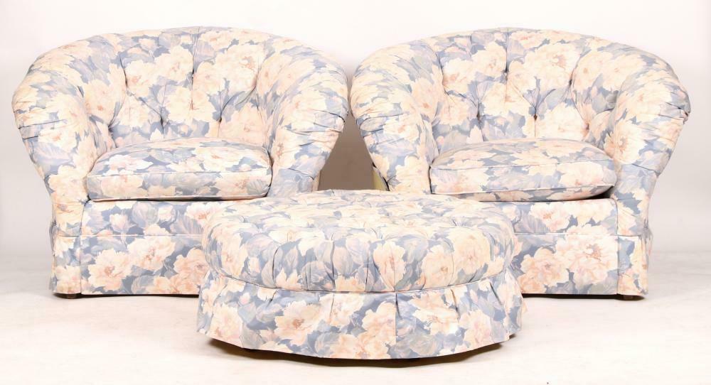 Pair of Baker Tufted Club Chairs with Matching Ottoman Footstool Designer Fabric