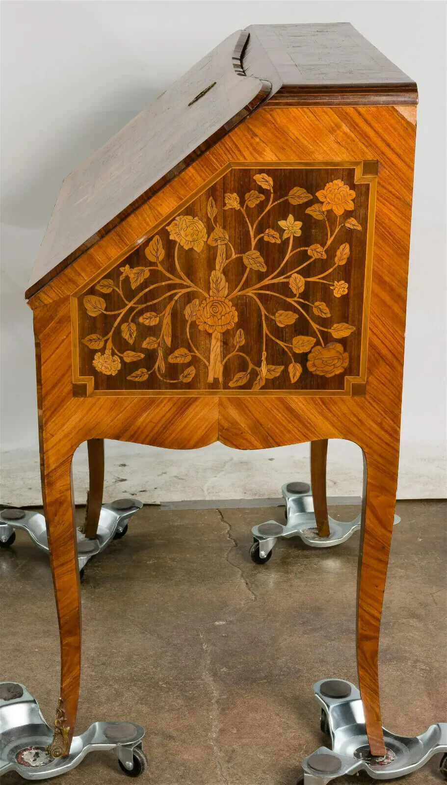 Antique English Marquetry, Slant Front Desk with Brass Ormolu Tooled Leather