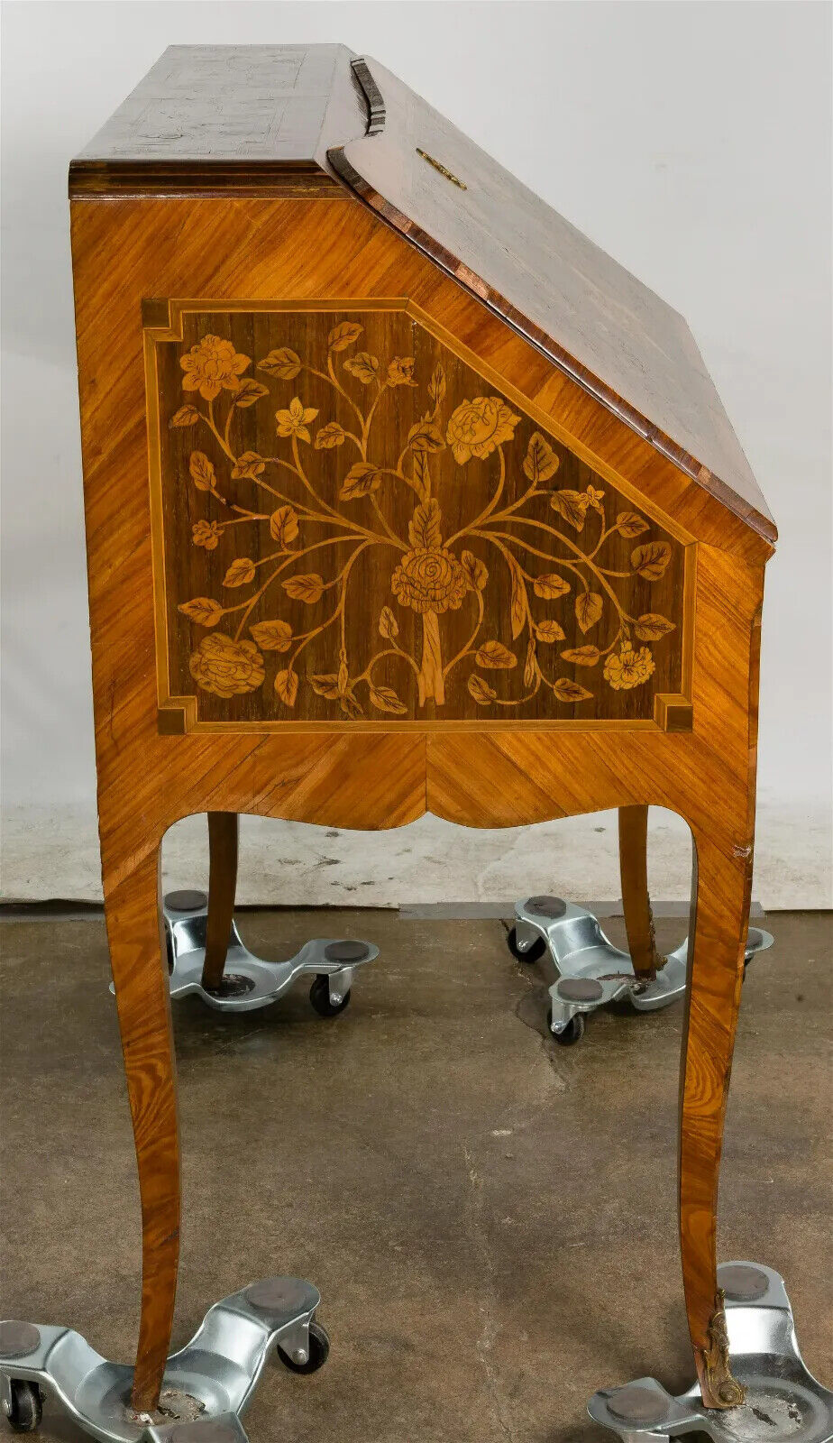 Antique English Marquetry, Slant Front Desk with Brass Ormolu Tooled Leather