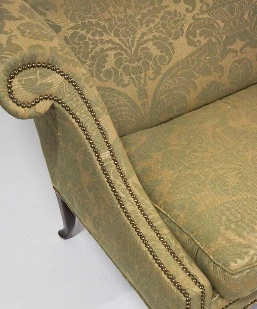 Chippendale Mahogany Camel Back Sofa Claws & Ball Green Damask Fabric