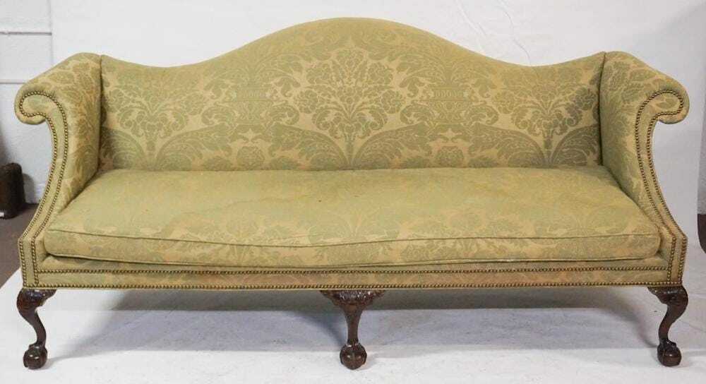 Chippendale Mahogany Camel Back Sofa Claws & Ball Green Damask Fabric