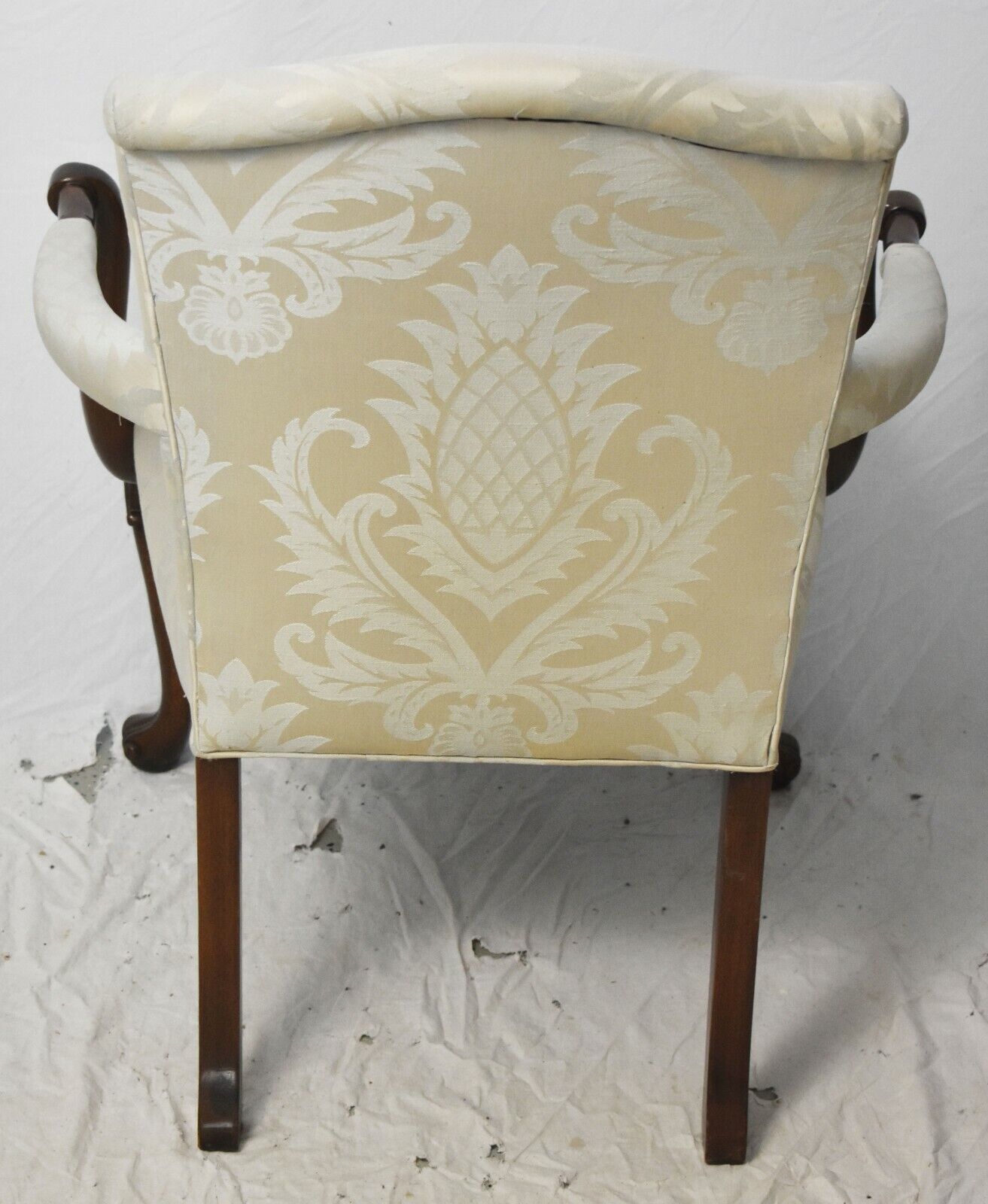 Hickory Chair Co. Mahogany Chippendale Arm Chair Silk Ivory Damask Fabric