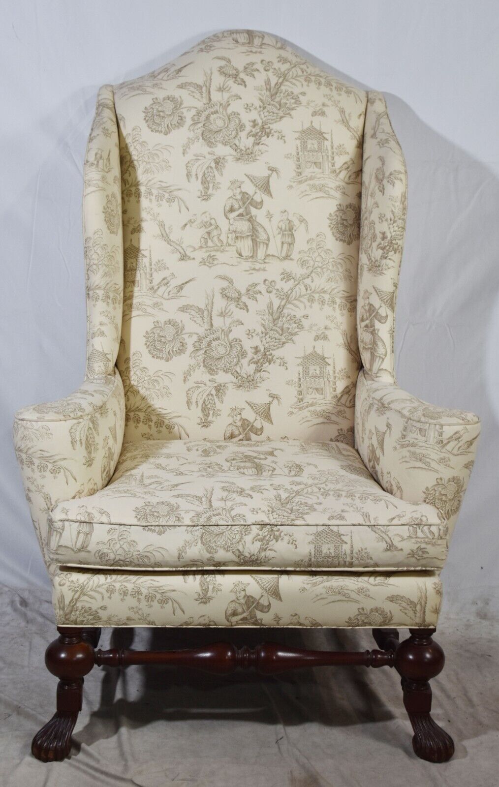 Baker Stately Homes Collection Irish Mahogany Wing Chair Chinoiserie Fabric