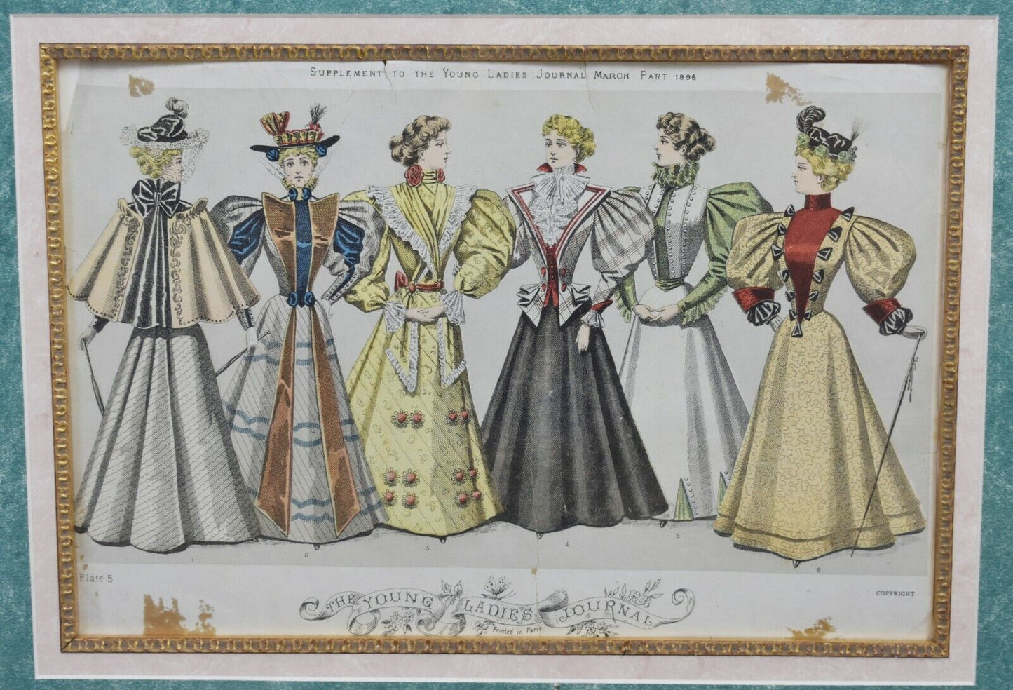 Set of 3 Antique Hand-Colored Fashion Print 19th C. Young Ladies Journal Framed