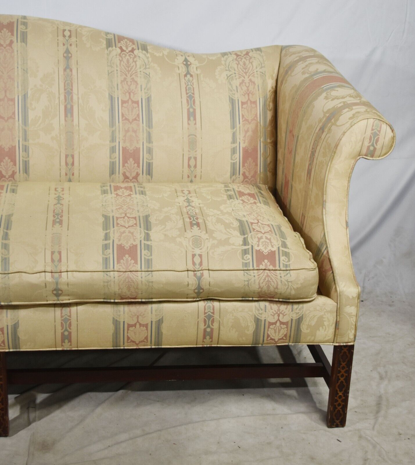 Southwood Mahogany Chinese Chippendale Style Sofa Fretwork Legs Damask Fabric