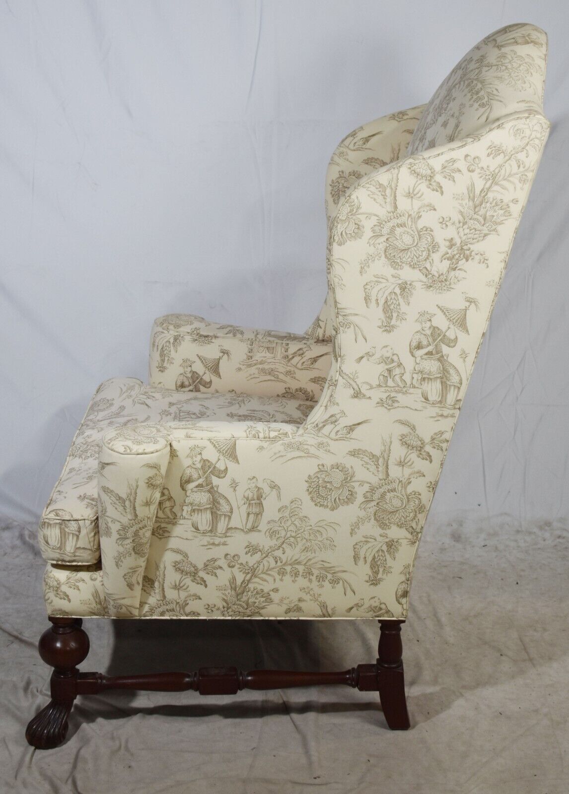 Baker Stately Homes Collection Irish Mahogany Wing Chair Chinoiserie Fabric