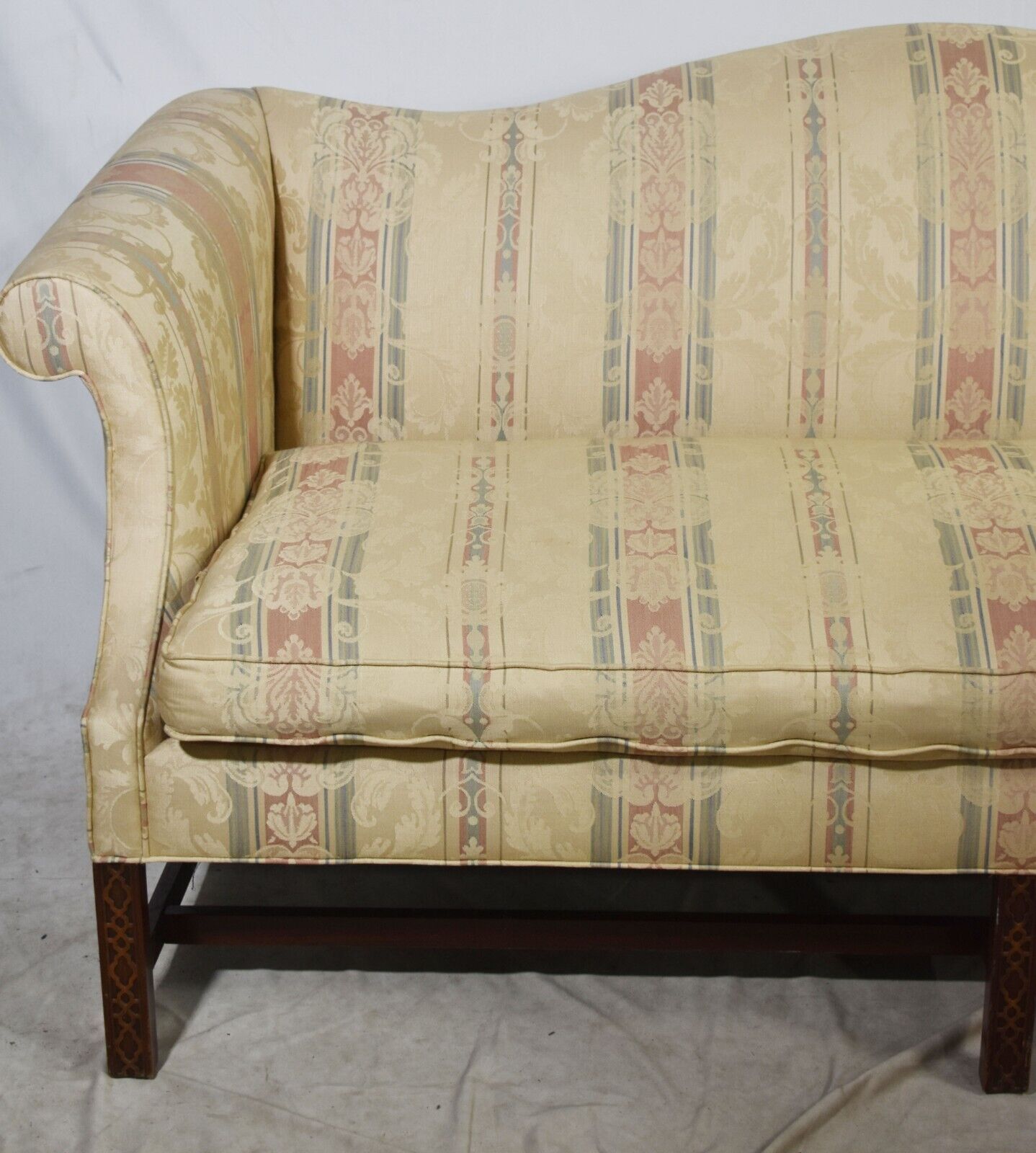 Southwood Mahogany Chinese Chippendale Style Sofa Fretwork Legs Damask Fabric