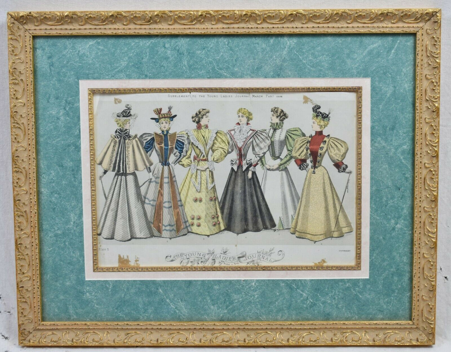 Set of 3 Antique Hand-Colored Fashion Print 19th C. Young Ladies Journal Framed