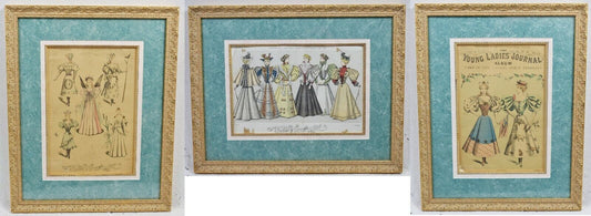 Set of 3 Antique Hand-Colored Fashion Print 19th C. Young Ladies Journal Framed