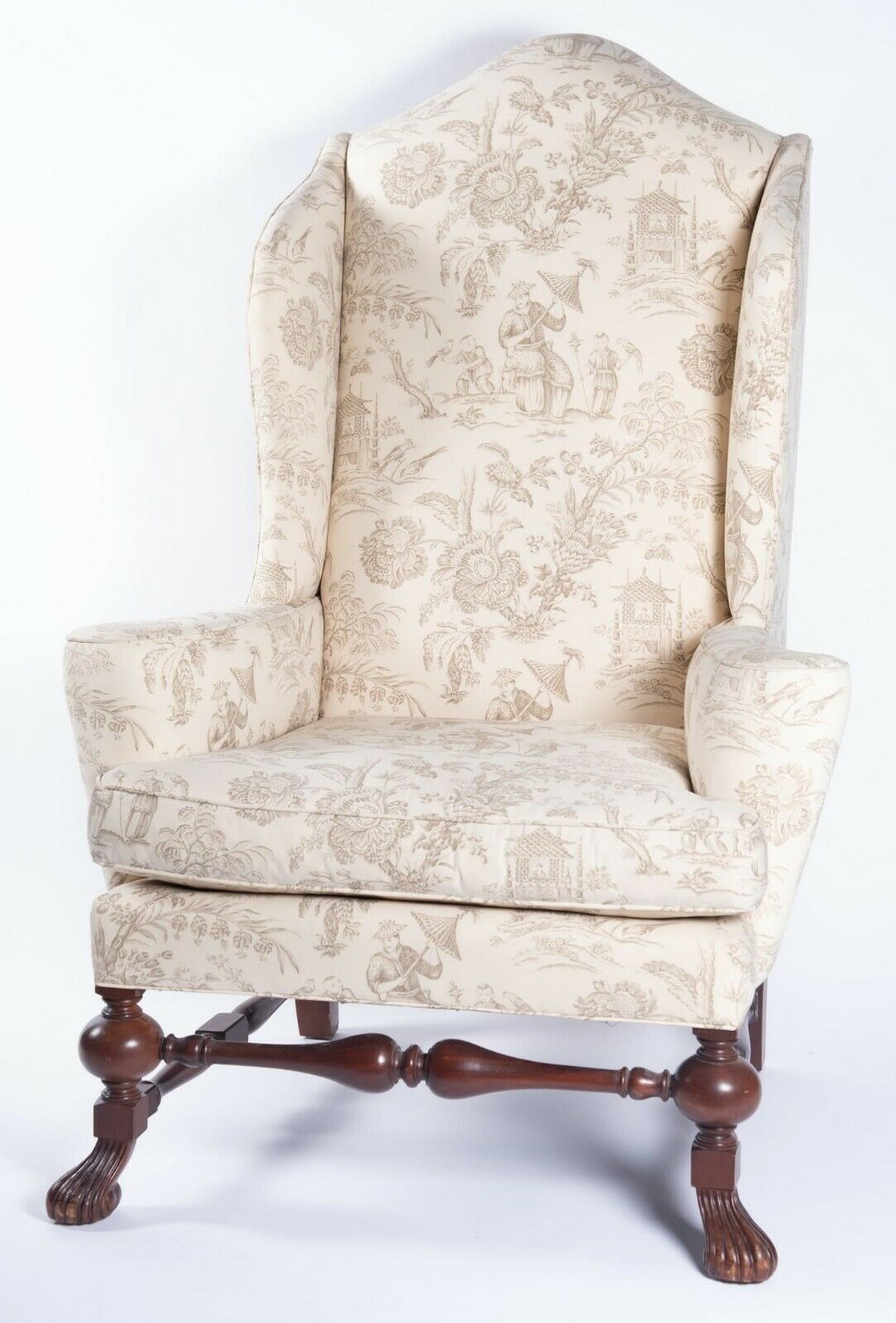 Baker Stately Homes Collection Irish Mahogany Wing Chair Chinoiserie Fabric