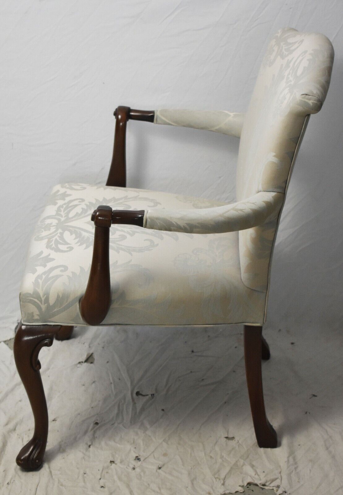 Hickory Chair Co. Mahogany Chippendale Arm Chair Silk Ivory Damask Fabric